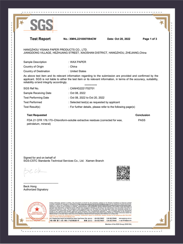 FDA Testing Report - Wax Paper